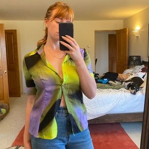 ESCADA watercolor short sleeve button up top purple green black